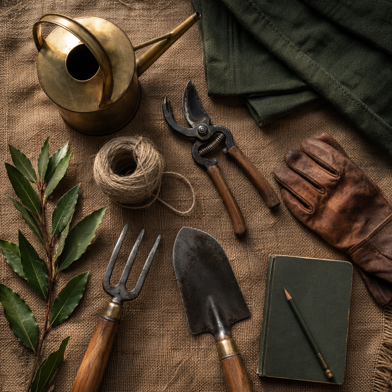 Herramientas de jardineria antiguas sobre una mesa de madera con macetas y libros de botanica