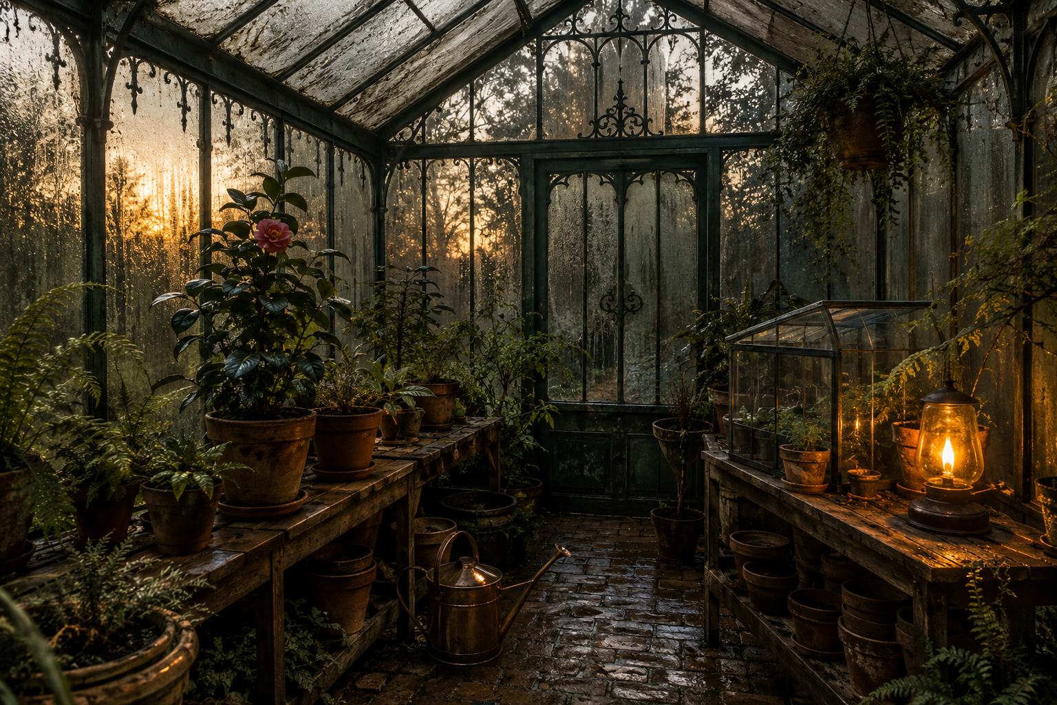 Interior de un invernadero antiguo con macetas de barro y luz dorada de amanecer