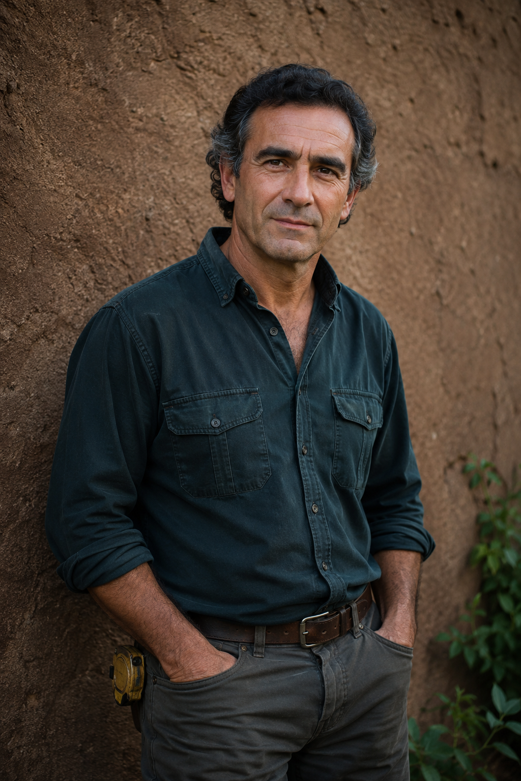 Retrato de Manuel Otero Cabarcos, agronomo, ajustando un sistema de riego