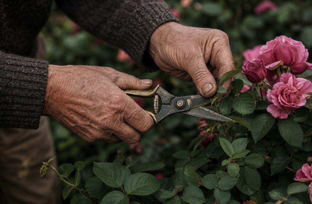 Manos cuidando el corte con tijeras de podar en una rosa, primer plano