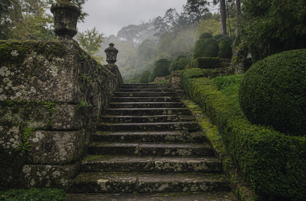 Escalera de piedra en jardin historico con setos de boj y muros con musgo